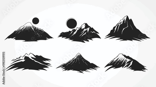 Black and white illustration of six stylized mountain peaks with a sun or moon in the background