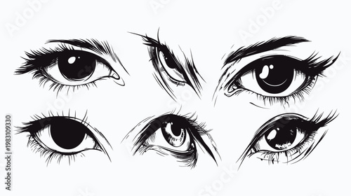 A black and white illustration of six sets of eyes in a distinct anime/manga art style