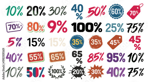 A vibrant collection of various percentage discount signs and sale tags, showcasing different styles and colors for retail promotions.