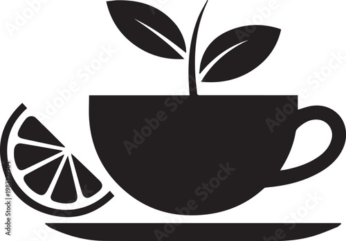 A tea cup sprouting a plant with a lemon slice on a saucer