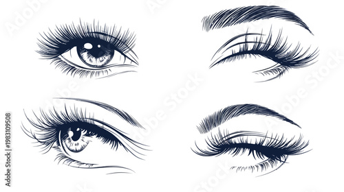 Artistic depiction of four stylized eyes, in dark ink, demonstrating various expressions