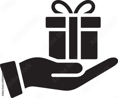 A hand holding a wrapped gift box with a decorative ribbon on top.