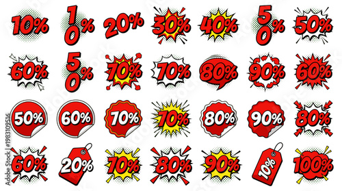 Collection of red and yellow discount percentage signs and tags for sales and promotions.