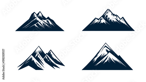 Four stylized mountain illustrations, each with different peaks and snowy patches on a white background