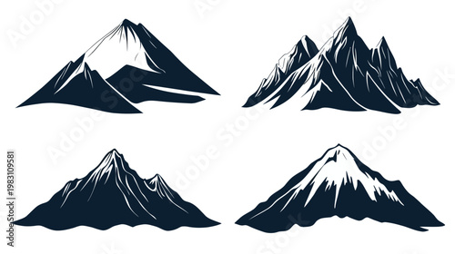 Four black and white illustrations of mountainous formations. Varying mountain styles