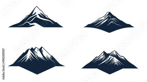 Collection of stylized mountain illustrations with varying shapes and designs, set against a white background