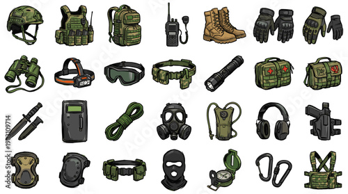 A comprehensive collection of tactical and survival gear, including protective equipment, tools, and accessories for outdoor and emergency preparedness.