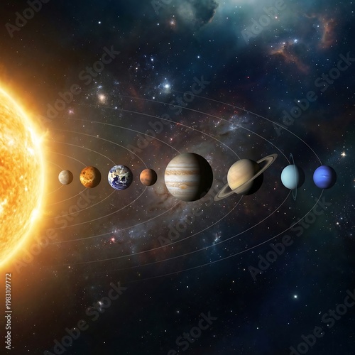 Solar System Illustration A Detailed View of Our Sun and Planets in Orbit