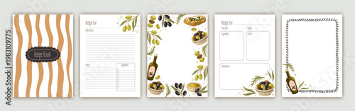 Templates for a cozy recipe book. The blank pages for your recipes. Mediterranean Cookbook. Vector.