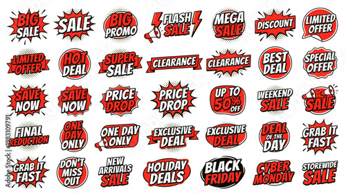 A collection of red and white sale and discount stickers with various promotional messages for retail and e-commerce.
