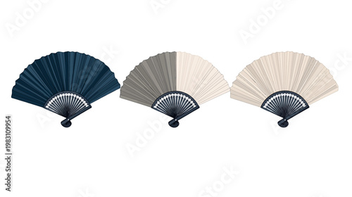 Three decorative folding fans in shades of blue, gray and beige, all with dark handles