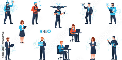 Cybersecurity Professionals Illustration Set Featuring IT Specialists Hackers Analysts and Digital Security Experts with Technology Elements for Data Protection Design