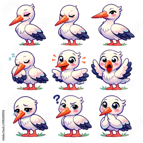 Nine storks expressing emotions in pastels