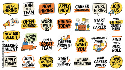 Collection of colorful speech bubble graphics and icons related to job searching, hiring, and career opportunities.