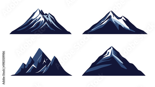 Four stylized, monochromatic mountain peaks are arranged in a square on a white background