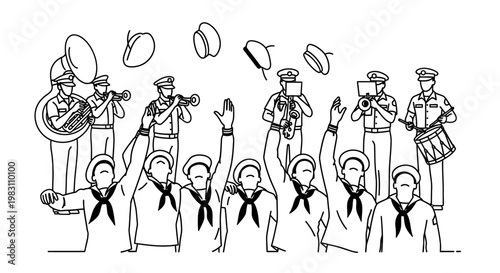 Sailor Band Celebrates Victory, Throwing Hats in the Air