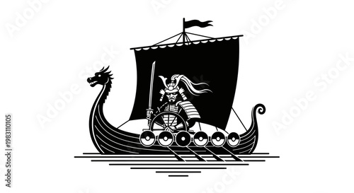 Samurai Warrior on Viking Ship with Dragon Head, Black and White
