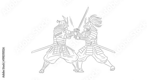 Samurai Warriors Clash: Dynamic Line Art Illustration of Two Fighters in Combat