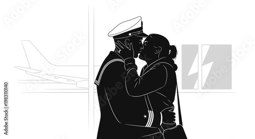 Sailor kissing partner at airport with airplane outside, reunion, love, goodbye