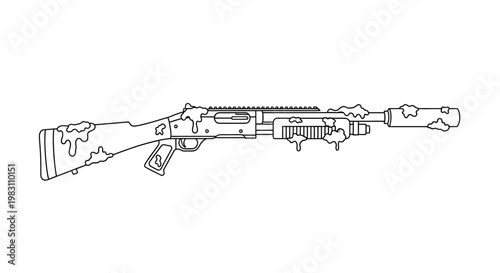 Shotgun with Camouflage Pattern, Military Weapon, Tactical Firearm, Outline Illustration