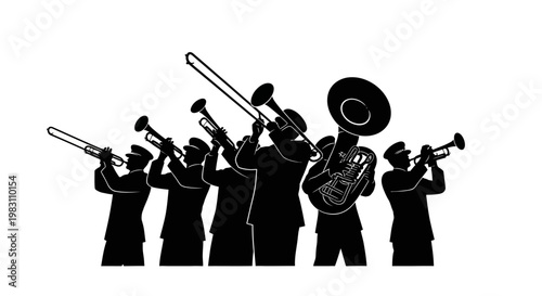 Silhouette of a brass band playing instruments on a white background