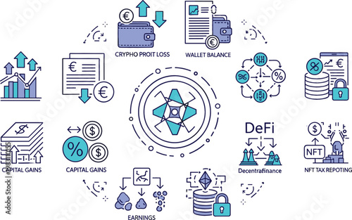 Decentralized finance DeFi icons set featuring cryptocurrency trading, NFT marketplace, savings, capital gains, crypto profit loss, blockchain analytics and digital assets vector illustration