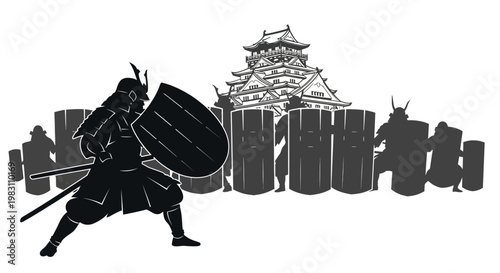 Samurai Warrior Shielding Castle from Attack with Army Behind