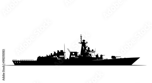Silhouette of a modern warship on a white background
