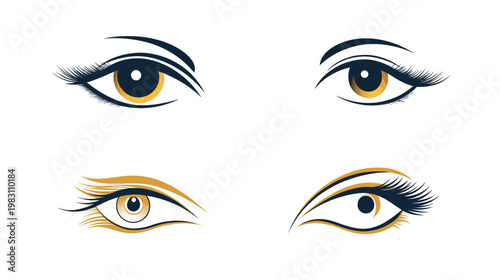 A stylized illustration features four pairs of eyes with varying designs, using gold and navy hues