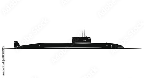 Silhouette of a modern military submarine on a white background, side view