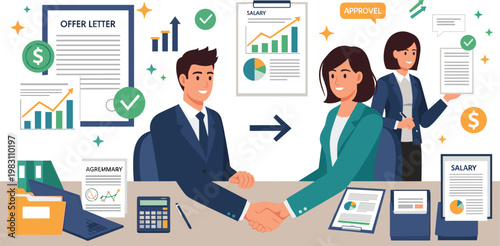 Business Professionals Signing Offer Letters and Agreements with Salary Approval, Corporate Negotiation and Employee Onboarding Illustration