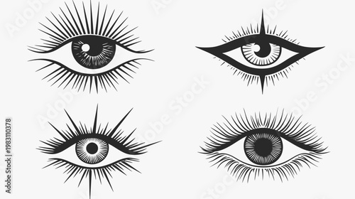 Four stylized eye illustrations with rays, eyelashes, and detailed irises, black on white background