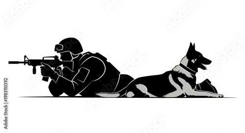 Soldier and Military Dog Lying Down, Ready for Action