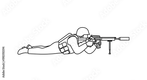 Soldier aiming sniper rifle, prone position, tactical gear, military action, combat readiness