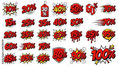 Collection of vibrant red and yellow discount percentage tags and sale stickers in various comic book explosion and tag shapes, representing price reductions and special offers.