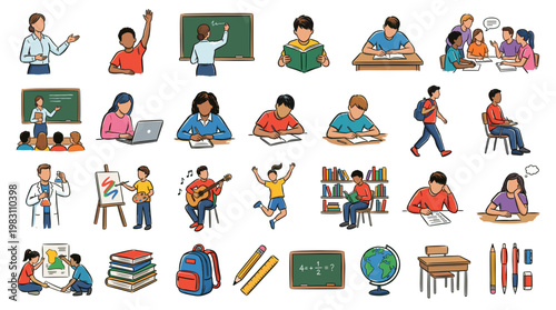 A vibrant collection of illustrations depicting various aspects of education, learning, and school life, featuring students and teachers in diverse activities.