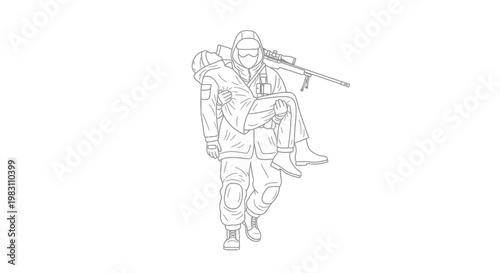 Soldier carrying wounded comrade, sniper rifle, rescue mission, military support, teamwork