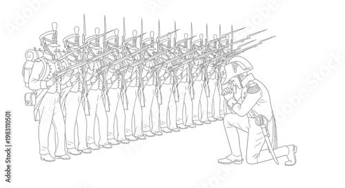 Soldier Kneeling Before Line of Soldiers with Rifles, Historical Military Scene