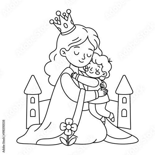 Princess mother hugging sleeping baby in calm castle garden scene for kids coloring page illustration
