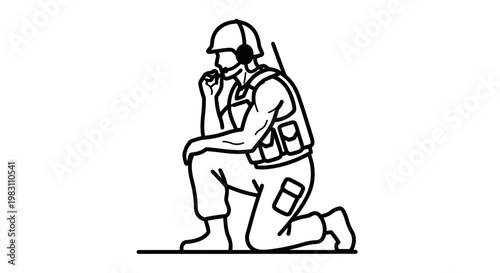 Soldier kneeling with walkie-talkie, military communication, tactical operations, army soldier