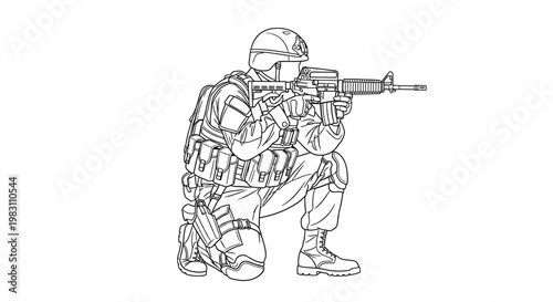 Soldier kneeling, aiming assault rifle, tactical gear, military action, combat readiness