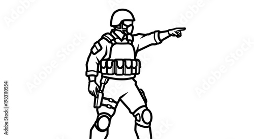 Soldier pointing direction, tactical gear, military action, focused, ready for combat