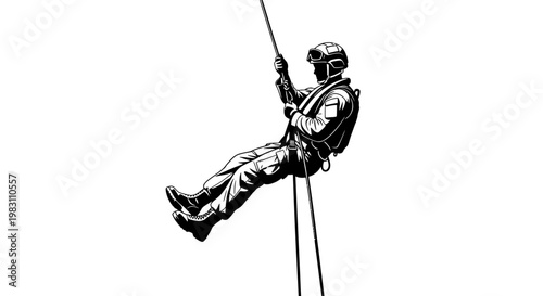 Soldier Rappelling Down Rope with Backpack and Helmet, Military Training, Action