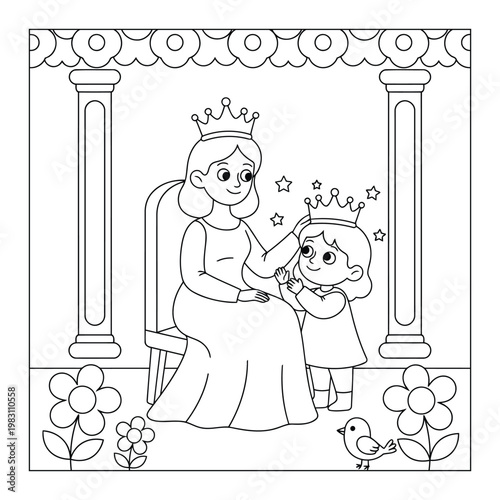 Princess mother placing crown on child in royal palace garden scene for kids coloring page illustration