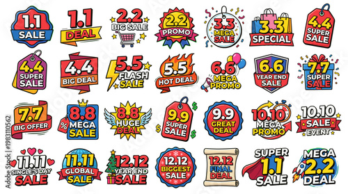 Collection of colorful sale and discount event badges for online shopping promotions, featuring dates like 1.1, 2.2, 3.3, 4.4, 5.5, 6.6, 7.7, 8.8, 9.9, 10.10, 11.11, and 12.12.