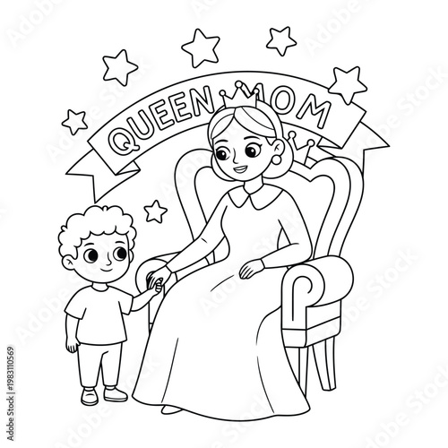 Queen mother sitting on throne holding child hand in royal scene for kids coloring page illustration