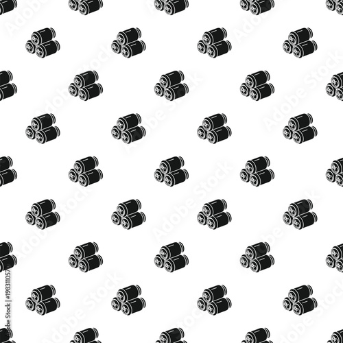 Stacks of black aluminum cans creating a repeating background pattern on white