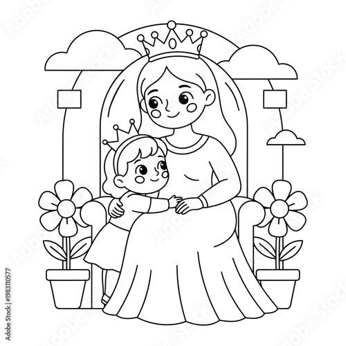 Princess mother hugging child on throne in royal garden scene for kids coloring page illustration