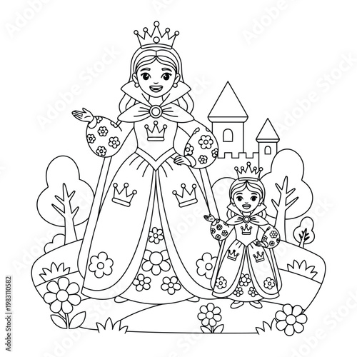 Princess queen and little princess standing in royal garden near castle for kids coloring page illustration