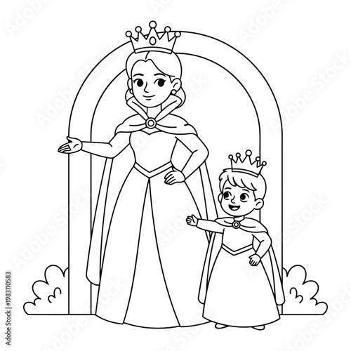 Princess queen and child standing together in royal archway scene for kids coloring page illustration